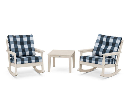 POLYWOOD® Vineyard 3-Piece Deep Seating Rocker Set in Sand / Buffalo Plaid Marine Indigo