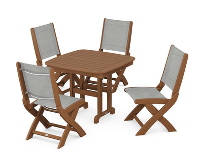 POLYWOOD® Coastal Folding Side Chair 5-Piece Dining Set in Teak / Metallic Sling
