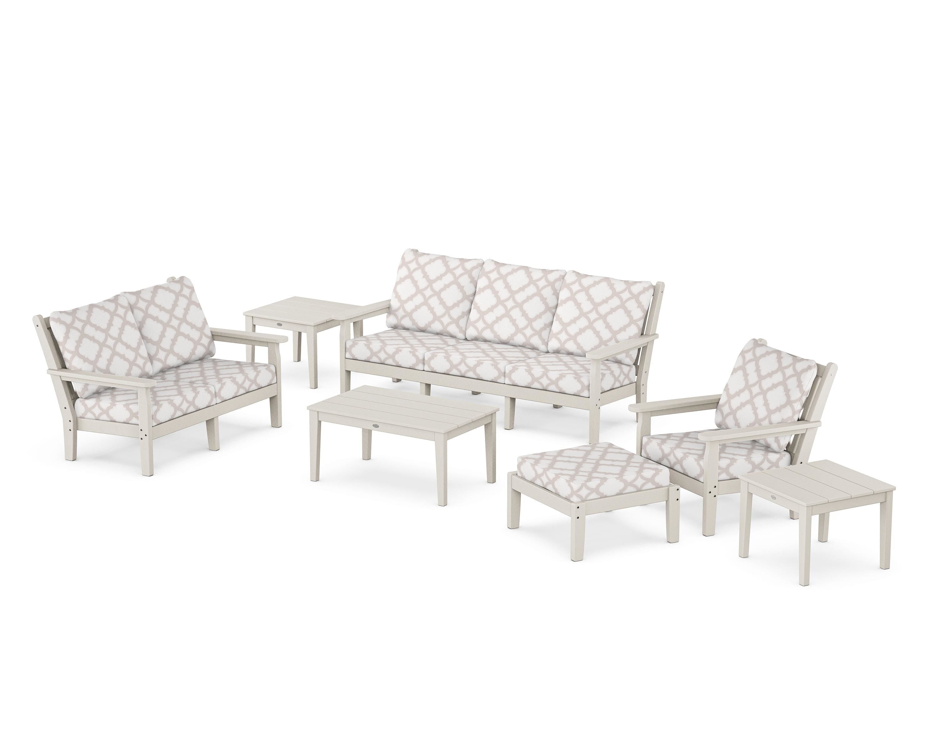 POLYWOOD® Chippendale 7-Piece Deep Seating Set in Sand / Trellis Dune Burlap