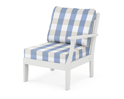 POLYWOOD® Braxton Modular Right Arm Chair in White / Buffalo Plaid Sky Blue