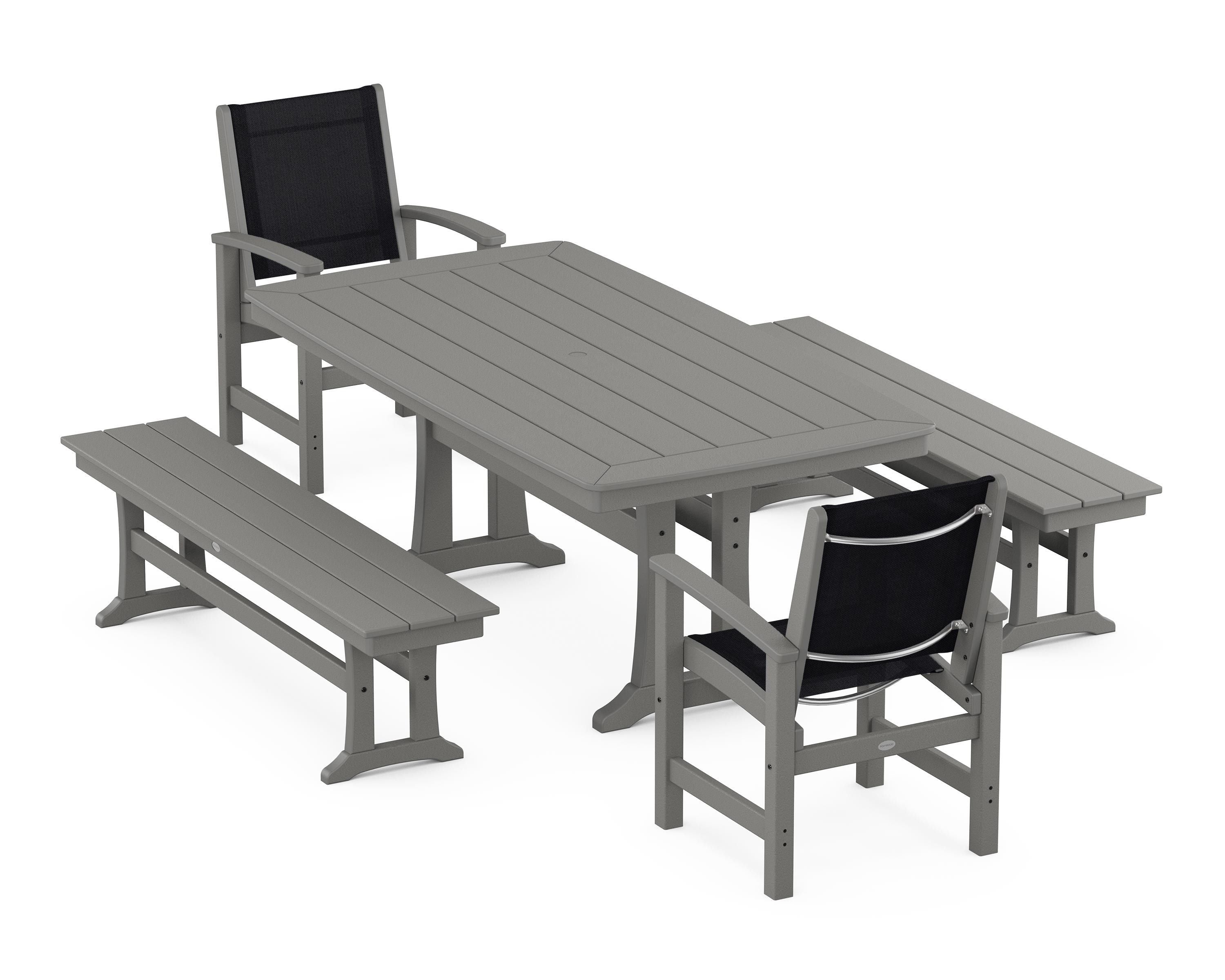 POLYWOOD® Coastal 5-Piece Dining Set with Trestle Legs and Benches in Slate Grey / Black Sling