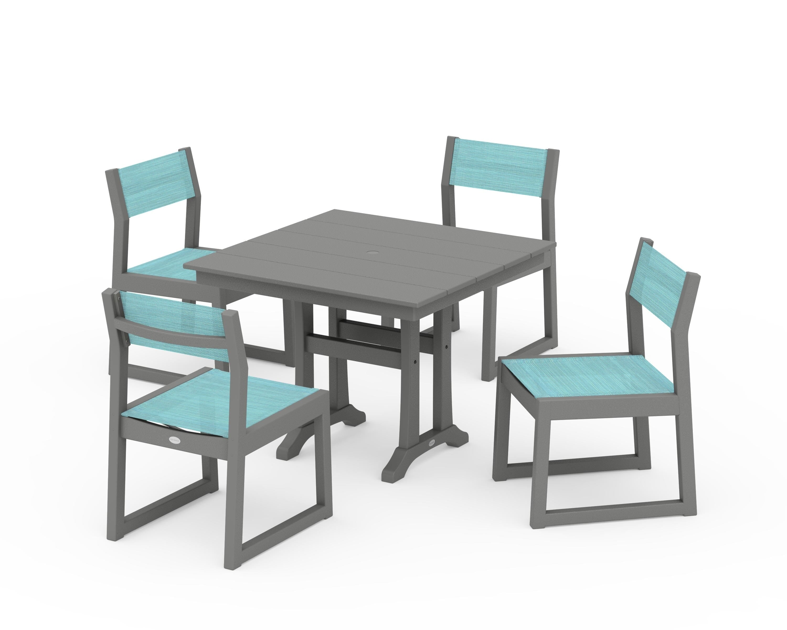 POLYWOOD® EDGE Sling 5-Piece Farmhouse Trestle Side Chair Dining Set in Slate Grey / Dupioni Aquamarine Sling
