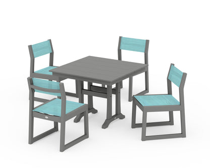 POLYWOOD® EDGE Sling 5-Piece Farmhouse Trestle Side Chair Dining Set in Slate Grey / Dupioni Aquamarine Sling