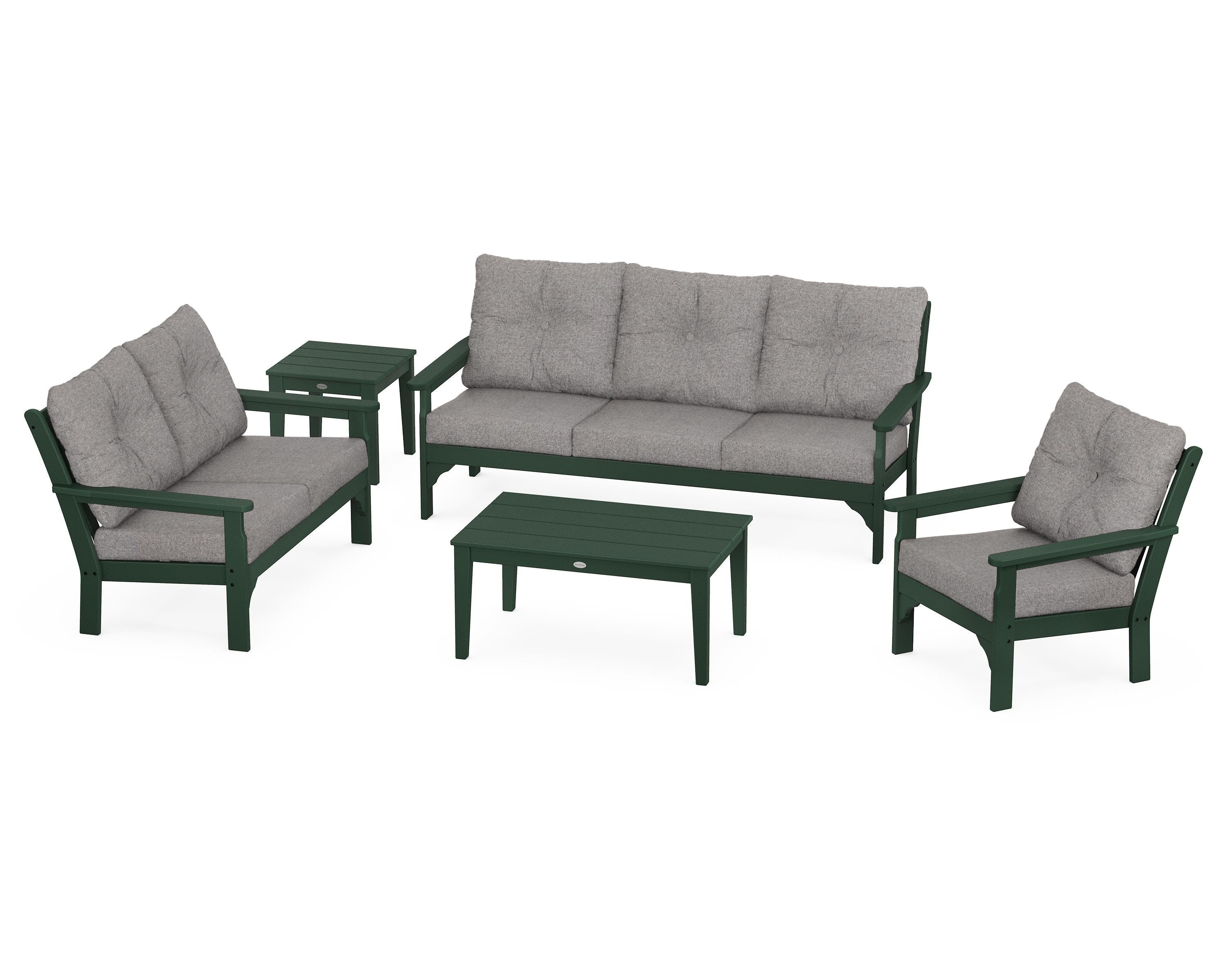 POLYWOOD® Vineyard 5 Piece Deep Seating Set in Green / Grey Mist