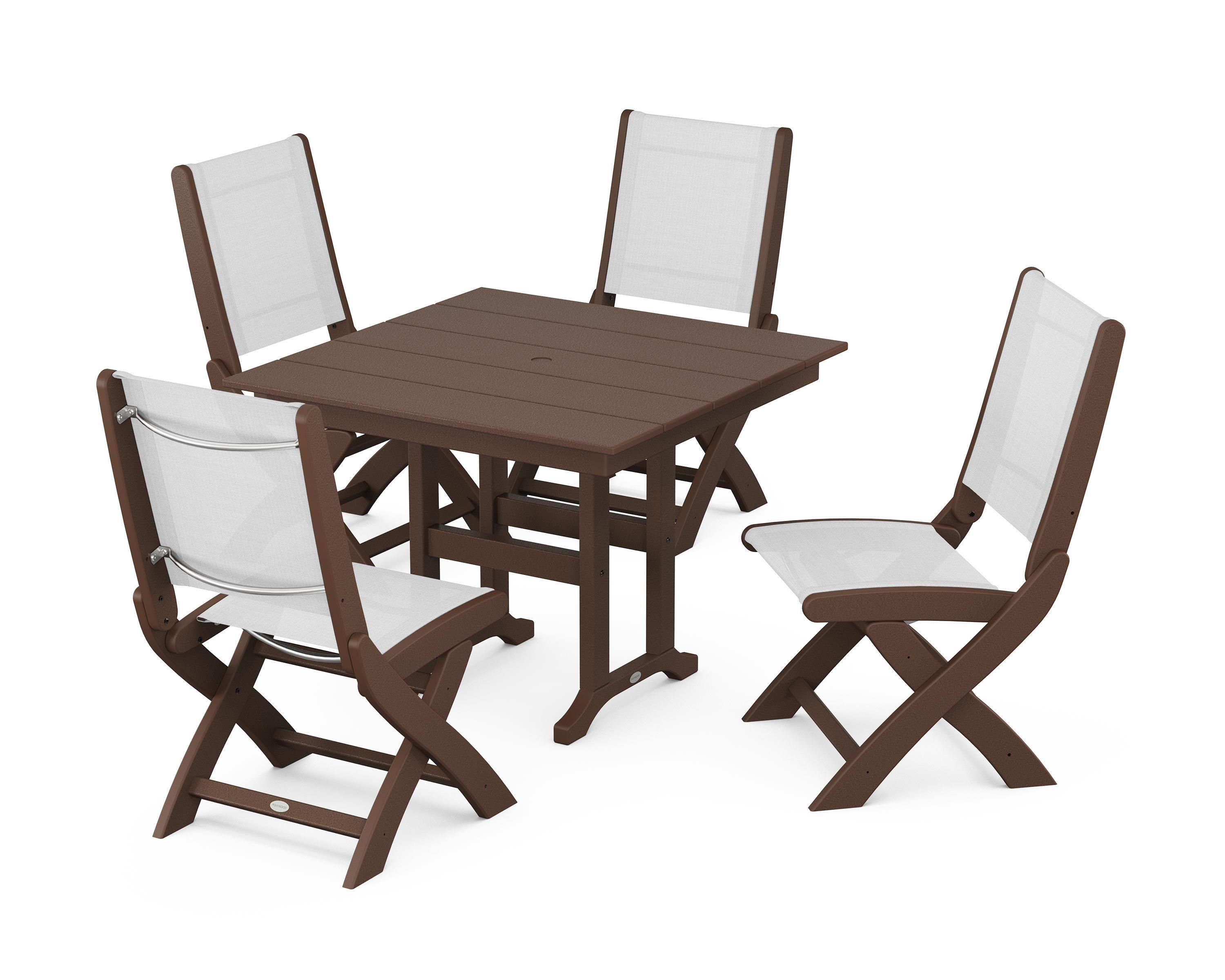 POLYWOOD® Coastal Folding Side Chair 5-Piece Farmhouse Dining Set in Mahogany / White Sling