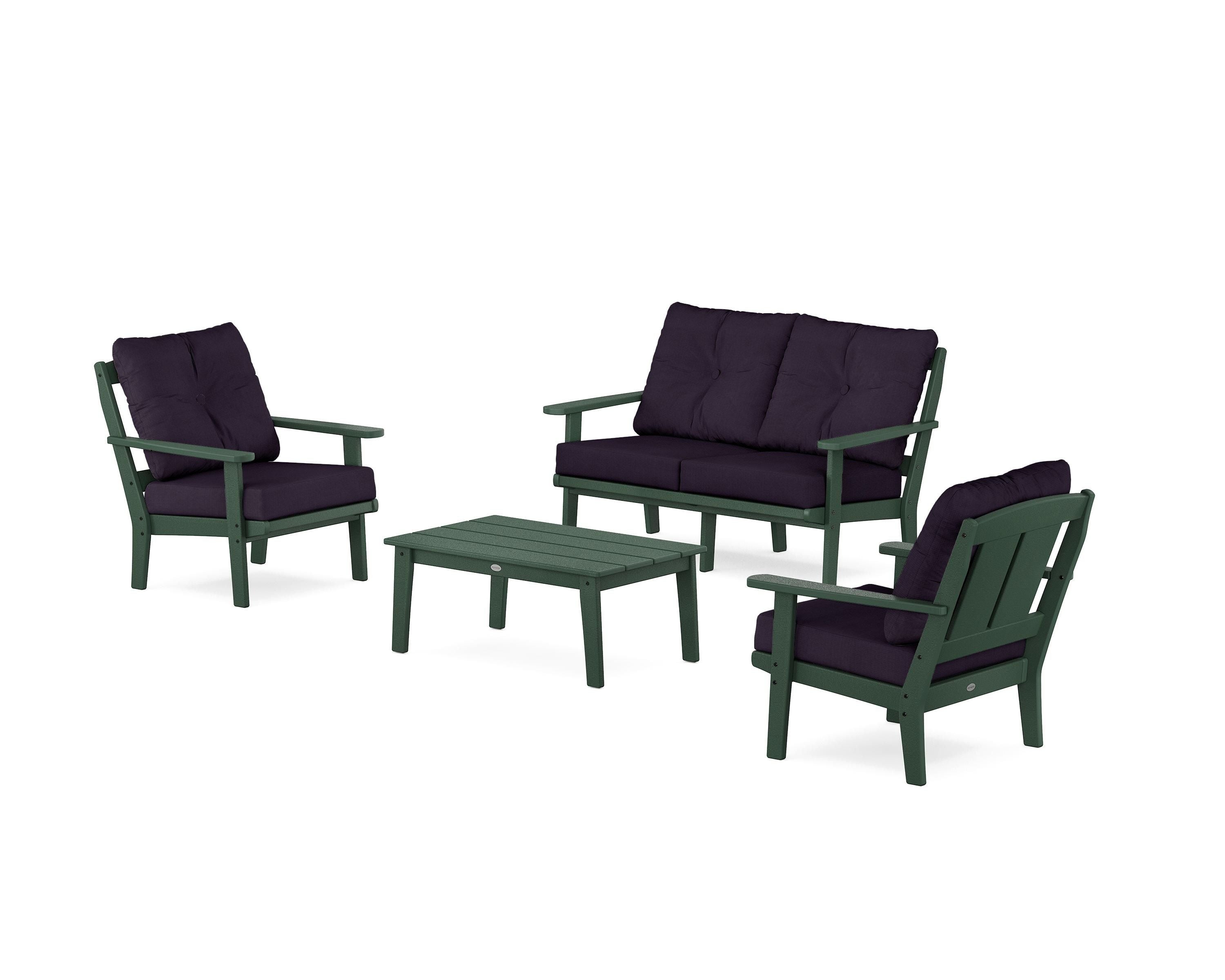POLYWOOD® Mission 4-Piece Deep Seating Set with Loveseat in Green / Navy Linen