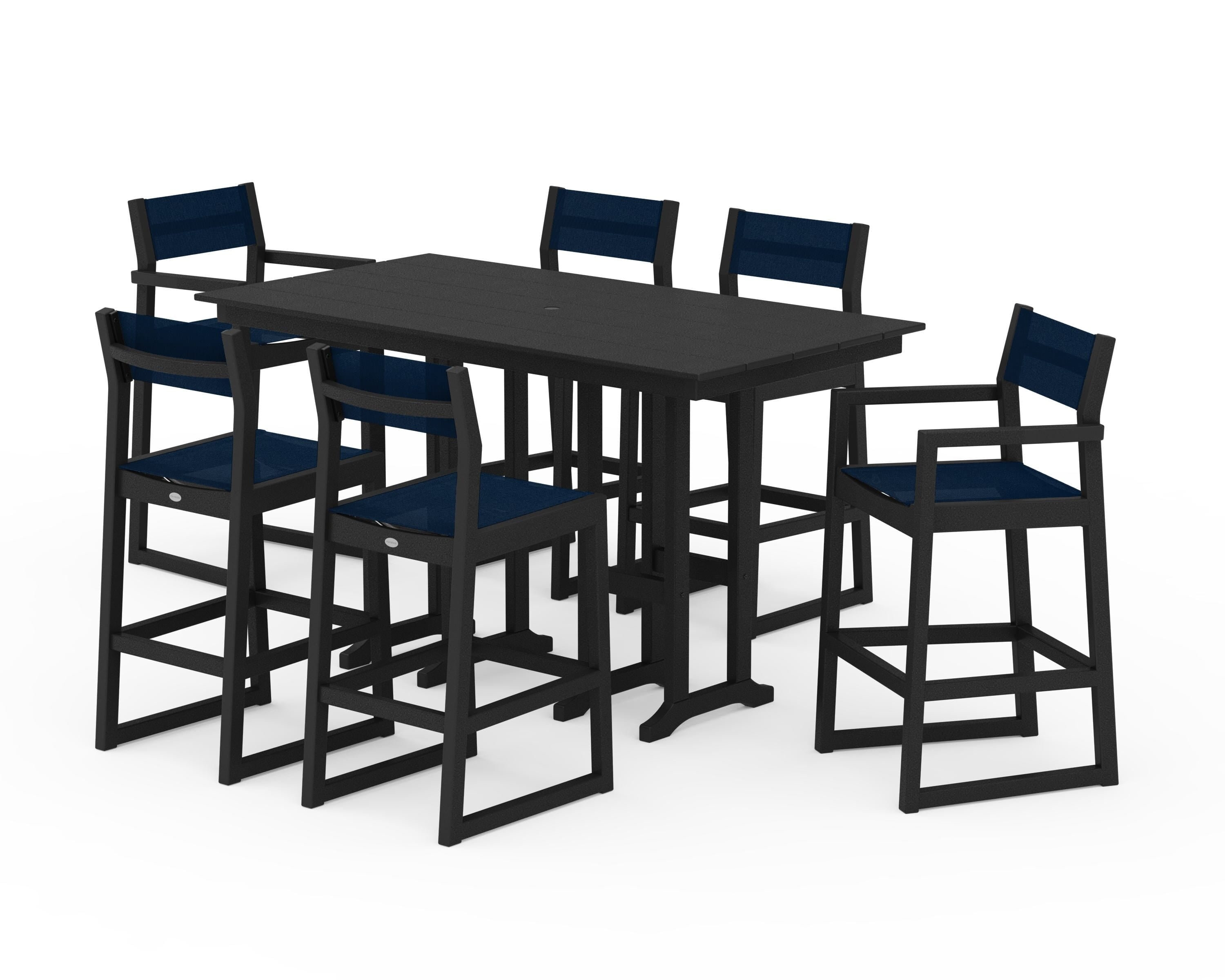 POLYWOOD® EDGE Sling 7-Piece Farmhouse Bar Set in Black / Navy Blue Sling