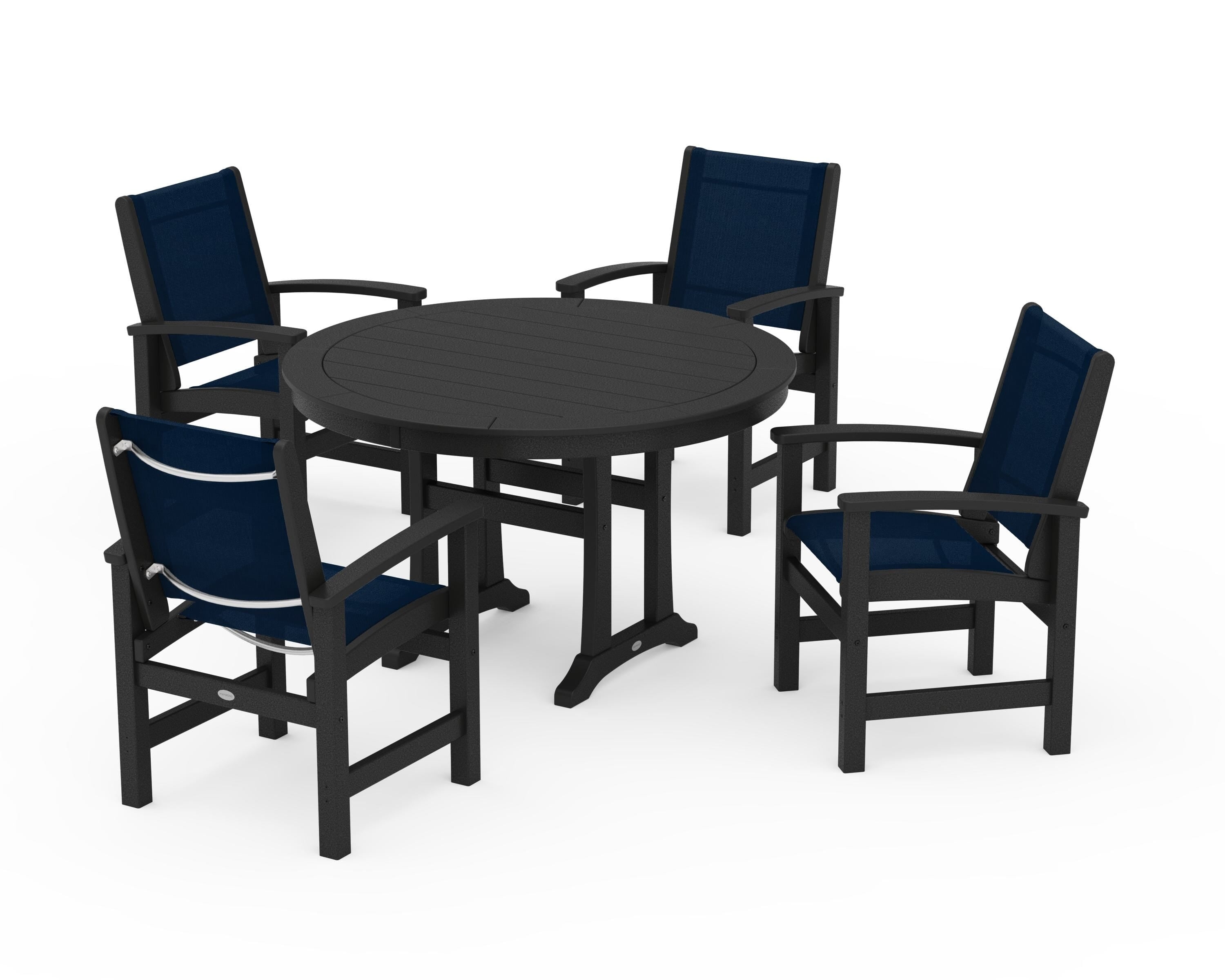 POLYWOOD® Coastal 5-Piece Round Dining Set with Trestle Legs in Black / Navy Blue Sling