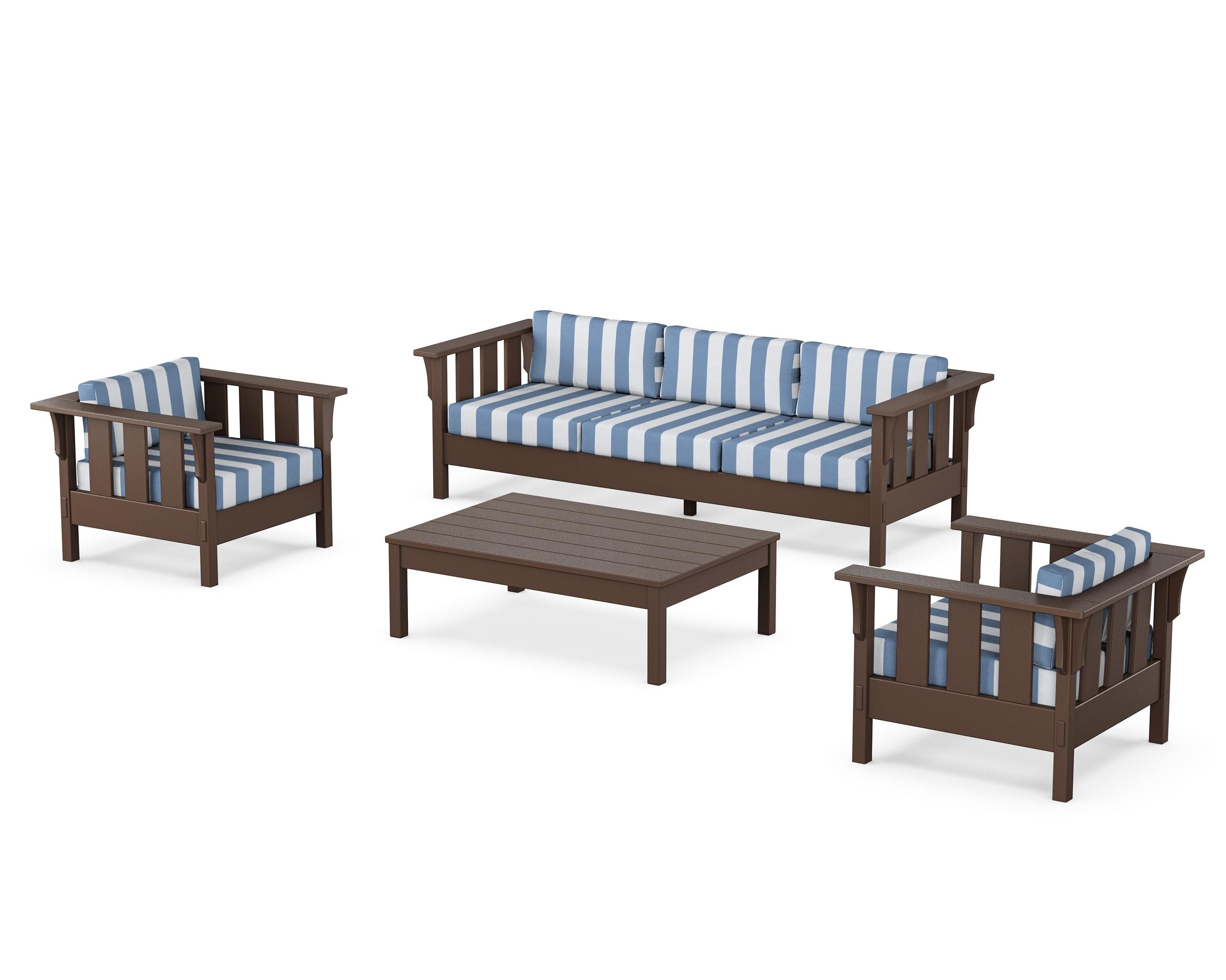 Martha Stewart by POLYWOOD® Acadia 4-Piece Deep Seating Set with Sofa in Mahogany / Cabana Stripe Sky Blue
