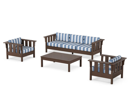 Martha Stewart by POLYWOOD® Acadia 4-Piece Deep Seating Set with Sofa in Mahogany / Cabana Stripe Sky Blue