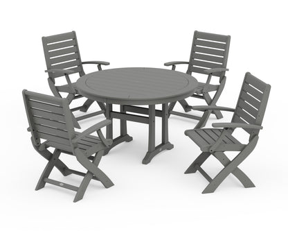 POLYWOOD® Signature Folding Chair 5-Piece Round Dining Set with Trestle Legs in Slate Grey