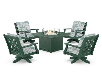 Country Living Wovendale 5-Piece Deep Seating Swivel Conversation Set with Fire Pit Table in Green / Leaf Glacier Spa