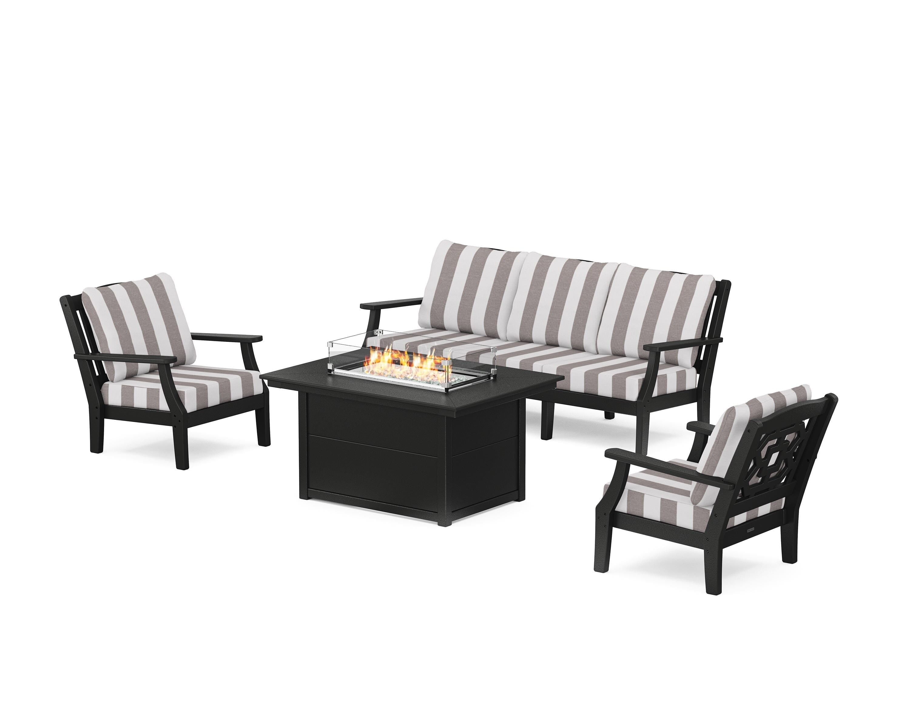 Martha Stewart by POLYWOOD® Chinoiserie Deep Seating Fire Pit Table Set in Black / Cabana Stripe Grey Mist