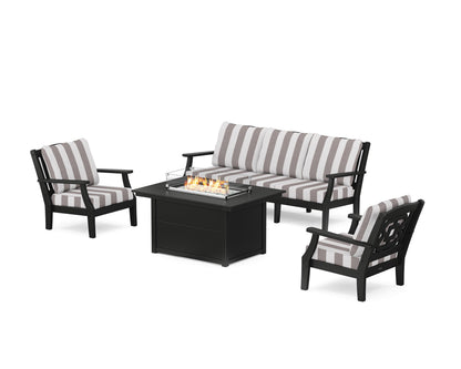 Martha Stewart by POLYWOOD® Chinoiserie Deep Seating Fire Pit Table Set in Black / Cabana Stripe Grey Mist