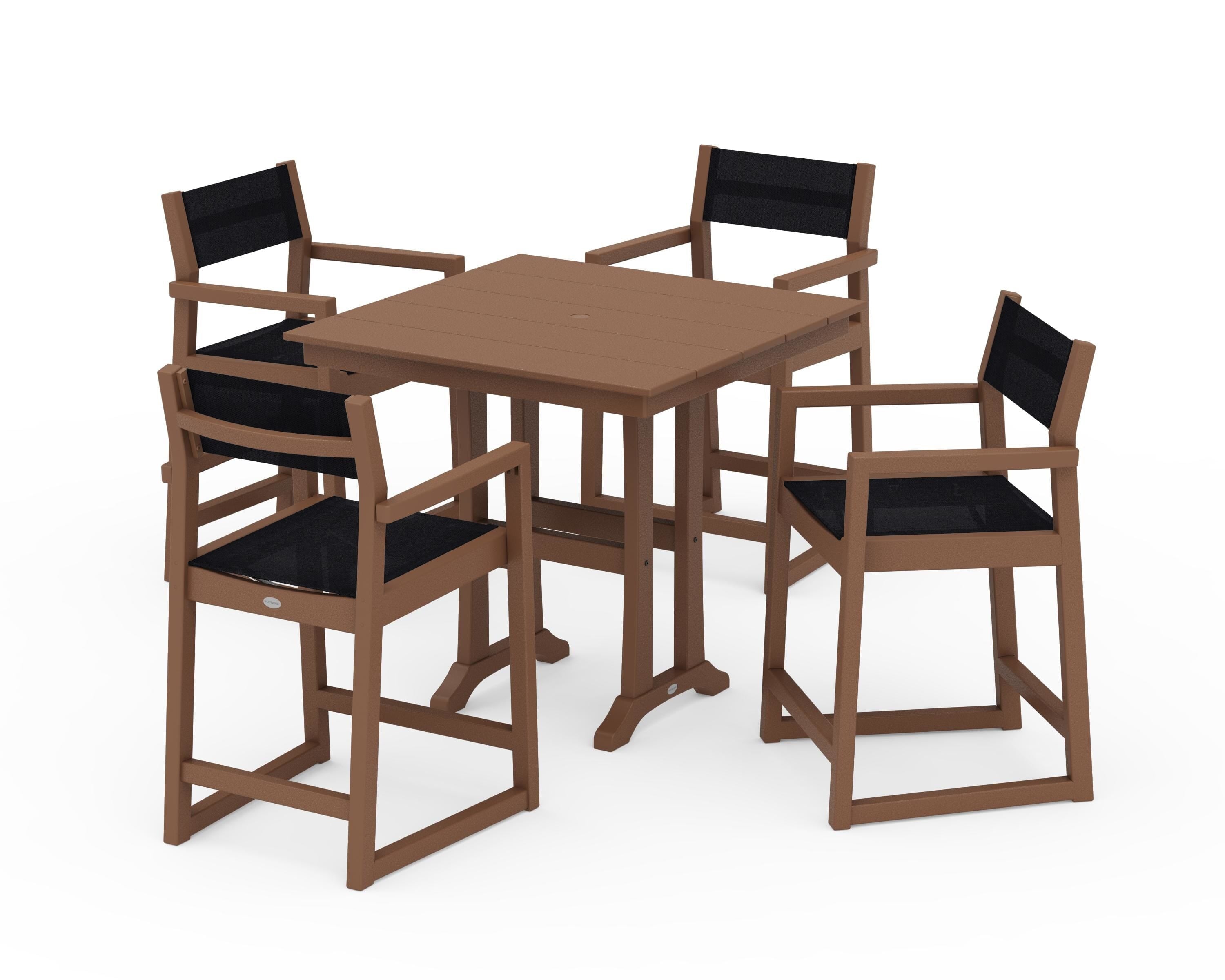 POLYWOOD® EDGE Sling Arm Chair 5-Piece Farmhouse Counter Set with Trestle Legs in Teak / Black Sling