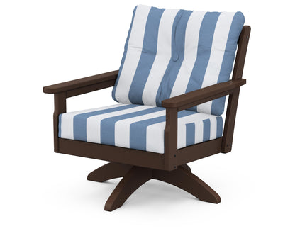 POLYWOOD® Vineyard Deep Seating Swivel Chair in Mahogany / Cabana Stripe Sky Blue