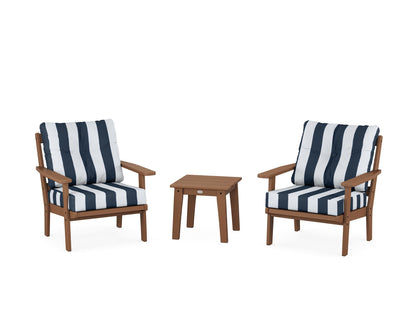 POLYWOOD® Oxford 3-Piece Deep Seating Set in Teak / Cabana Stripe Marine Indigo
