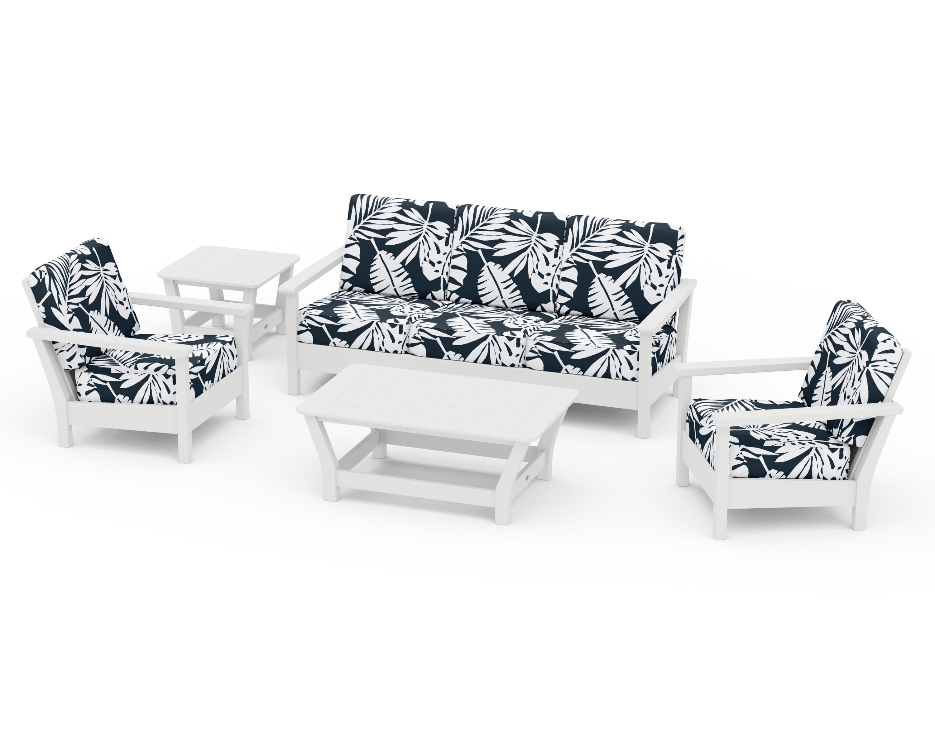 POLYWOOD® Harbour 5-Piece Deep Seating Set in White / Leaf Marine Indigo