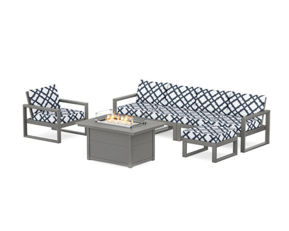 POLYWOOD® EDGE Sectional Lounge and Fire Pit Set in Slate Grey / Trellis Marine Indigo
