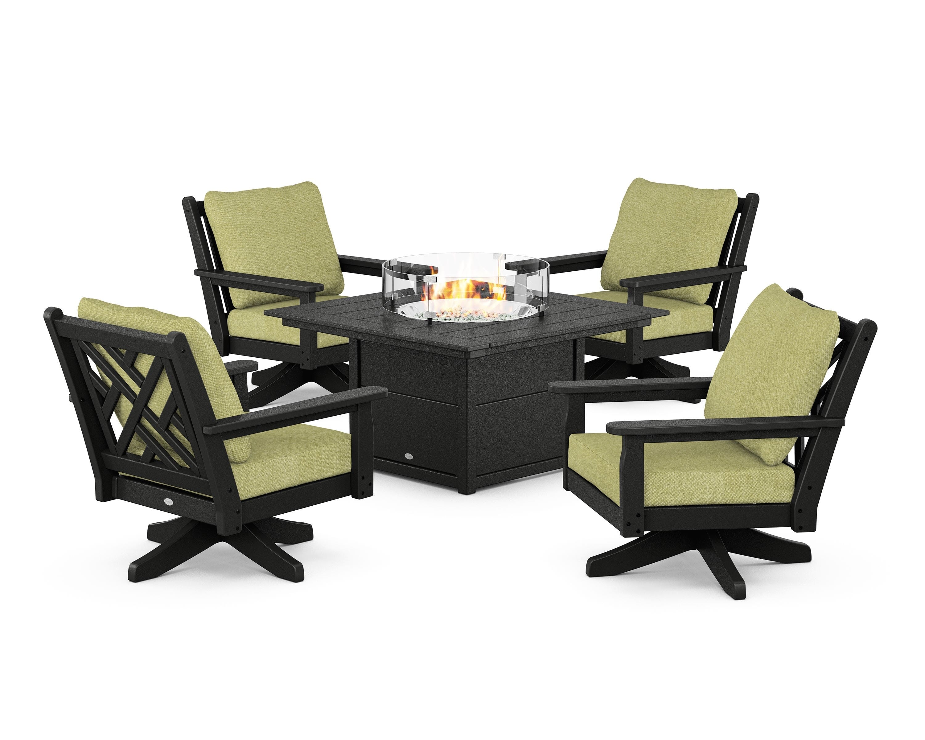 POLYWOOD® Chippendale 5-Piece Deep Seating Swivel Conversation Set with Fire Pit Table in Black / Chartreuse Boucle