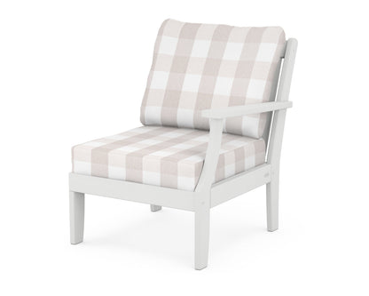 POLYWOOD® Braxton Modular Right Arm Chair in White / Buffalo Plaid Dune Burlap