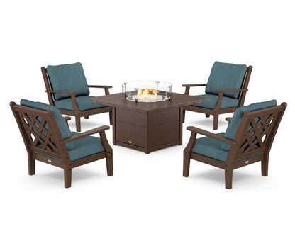 Country Living Wovendale 5-Piece Deep Seating Set with Fire Pit Table in Mahogany / Ocean Teal