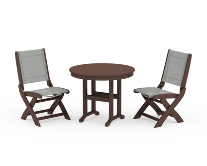 POLYWOOD® Coastal Folding Side Chair 3-Piece Round Dining Set in Mahogany / Metallic Sling