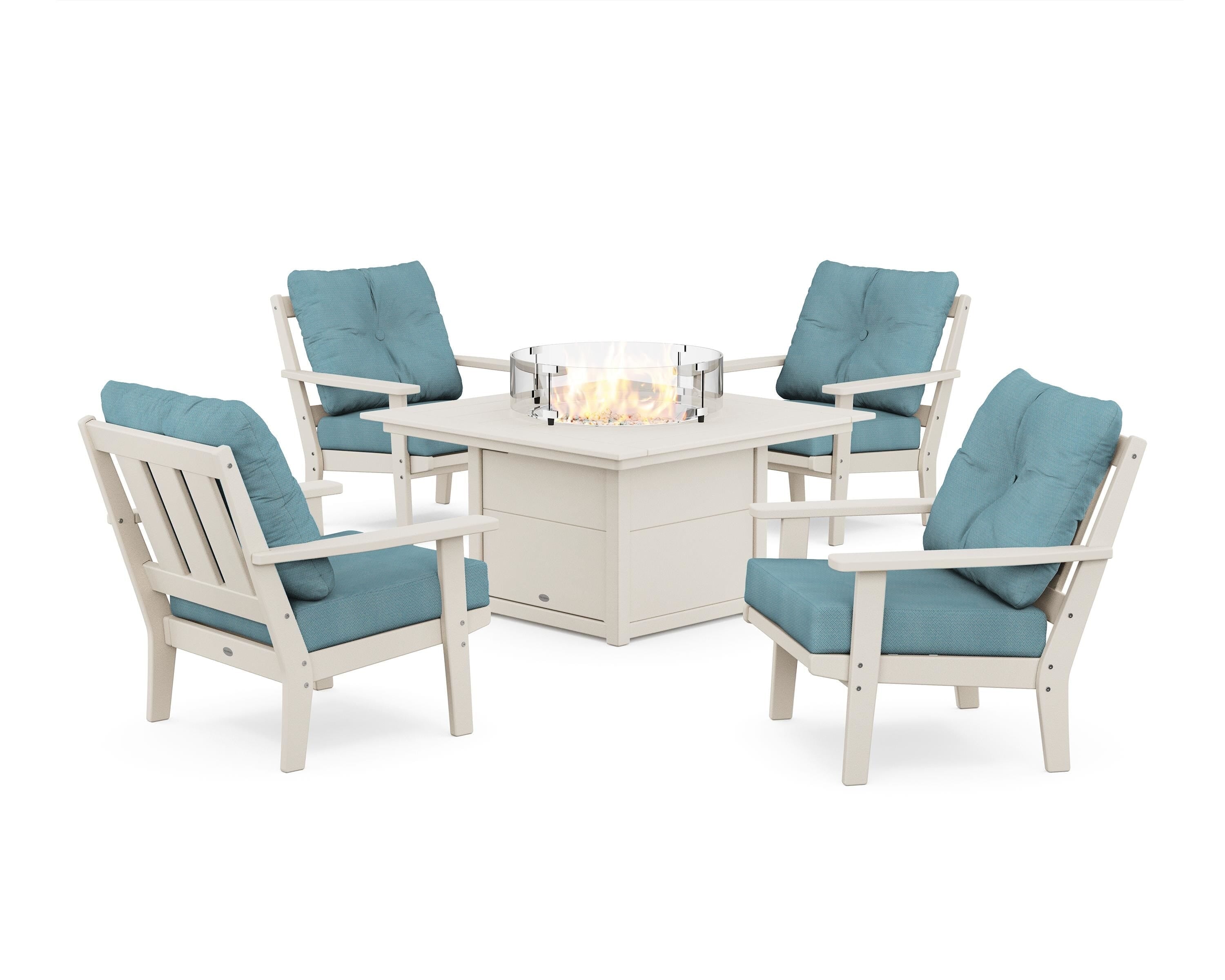 POLYWOOD® Oxford 5-Piece Deep Seating Set with Fire Pit Table in Sand / Lattice Sky Blue