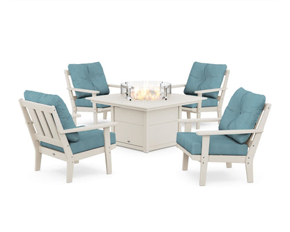 POLYWOOD® Oxford 5-Piece Deep Seating Set with Fire Pit Table in Sand / Lattice Sky Blue