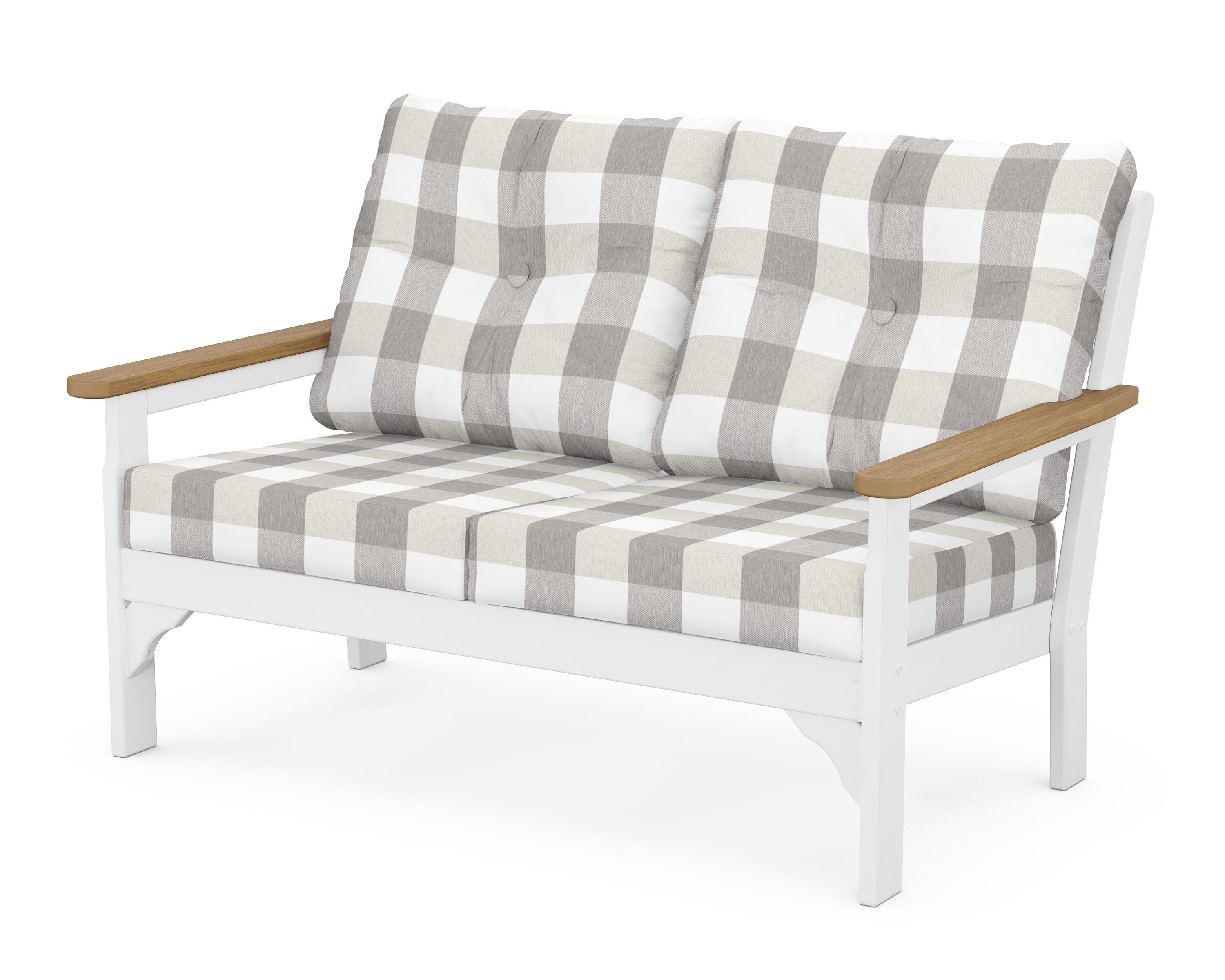 POLYWOOD® Vineyard Deep Seating Loveseat in White / Natural / Buffalo Plaid Grey Mist