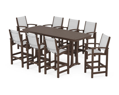 POLYWOOD® Coastal 9-Piece Bar Set with Trestle Legs in Mahogany / White Sling