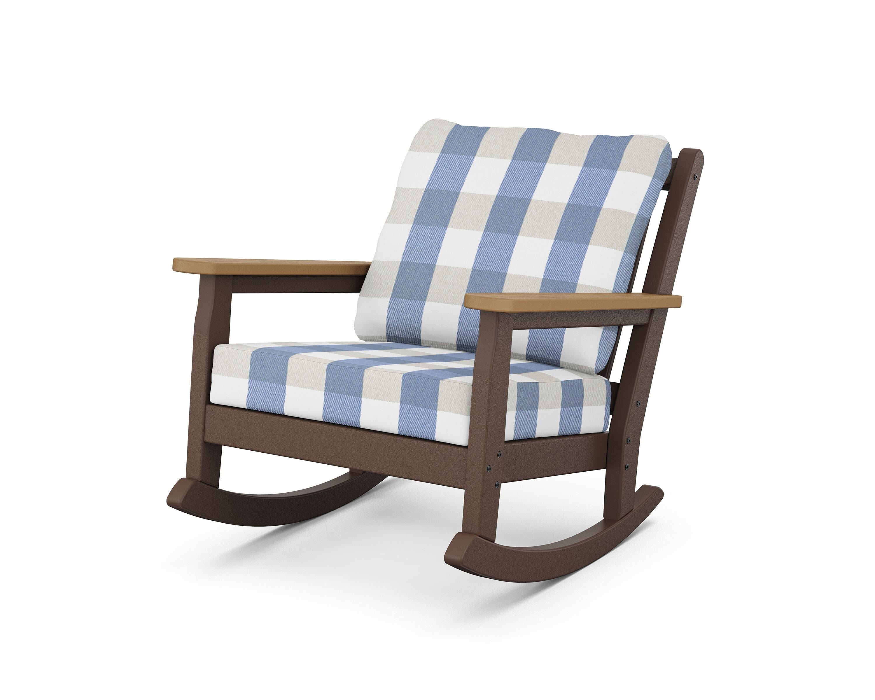POLYWOOD® Chippendale Deep Seating Rocking Chair in Mahogany / Natural / Buffalo Plaid Sky Blue