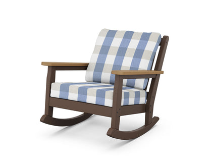 POLYWOOD® Chippendale Deep Seating Rocking Chair in Mahogany / Natural / Buffalo Plaid Sky Blue
