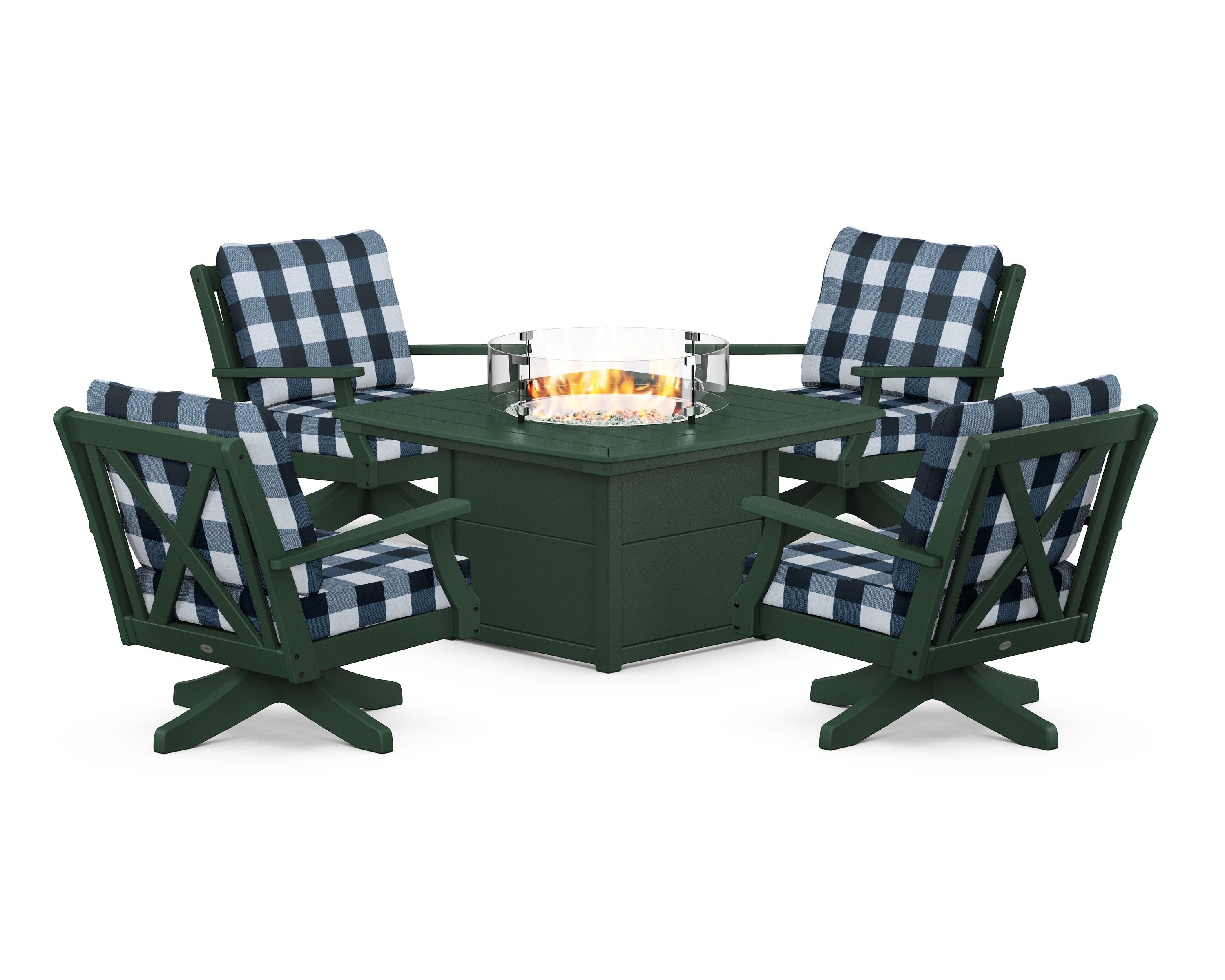 POLYWOOD® Braxton 5-Piece Deep Seating Swivel Conversation Set with Fire Pit Table in Green / Buffalo Plaid Marine Indigo
