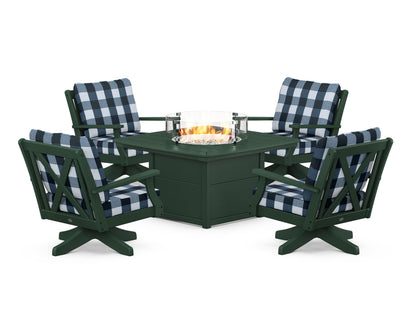 POLYWOOD® Braxton 5-Piece Deep Seating Swivel Conversation Set with Fire Pit Table in Green / Buffalo Plaid Marine Indigo