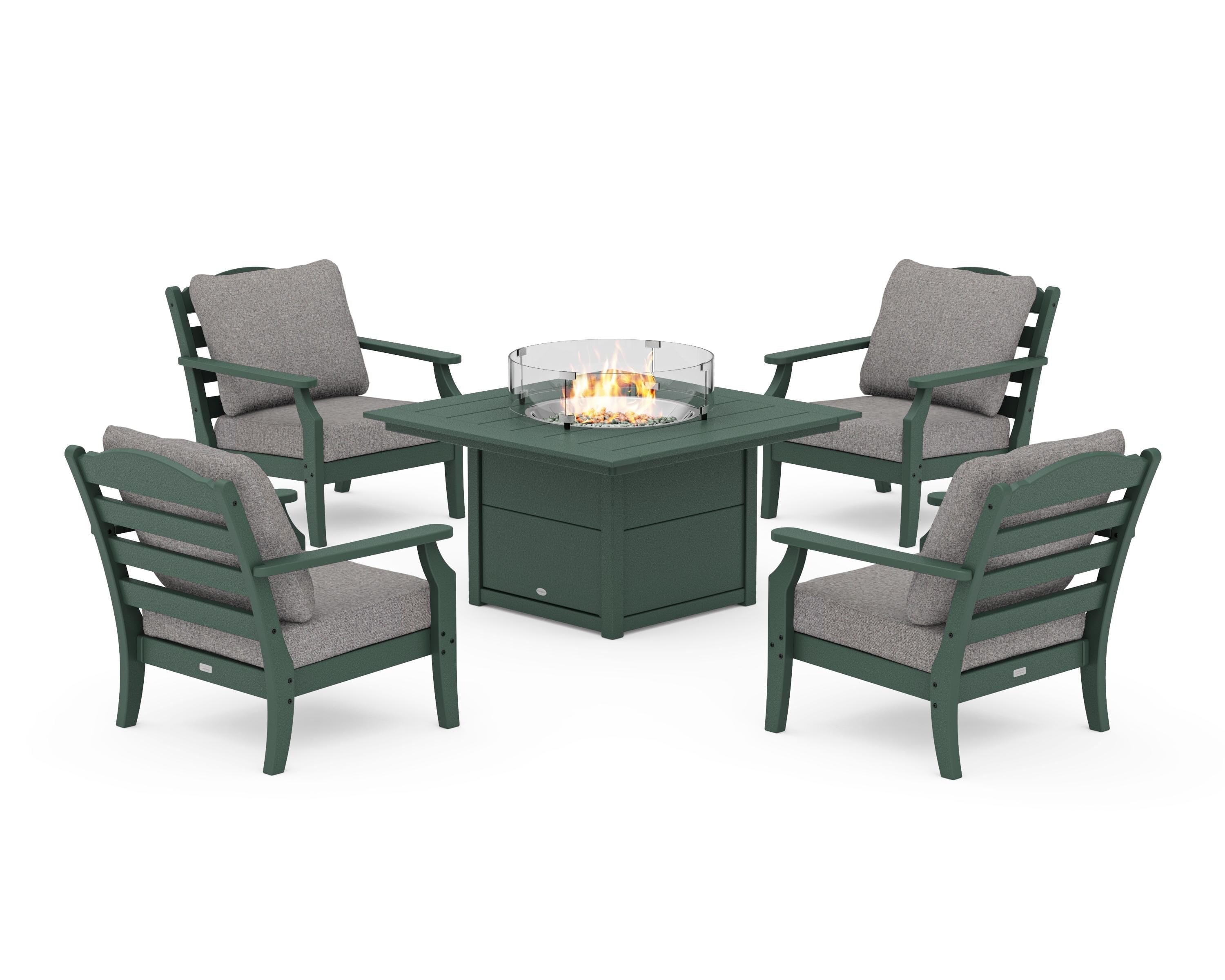 Draper James™ by  POLYWOOD® Savannah 5-Piece Deep Seating Set with Fire Pit Table in Green / Grey Mist