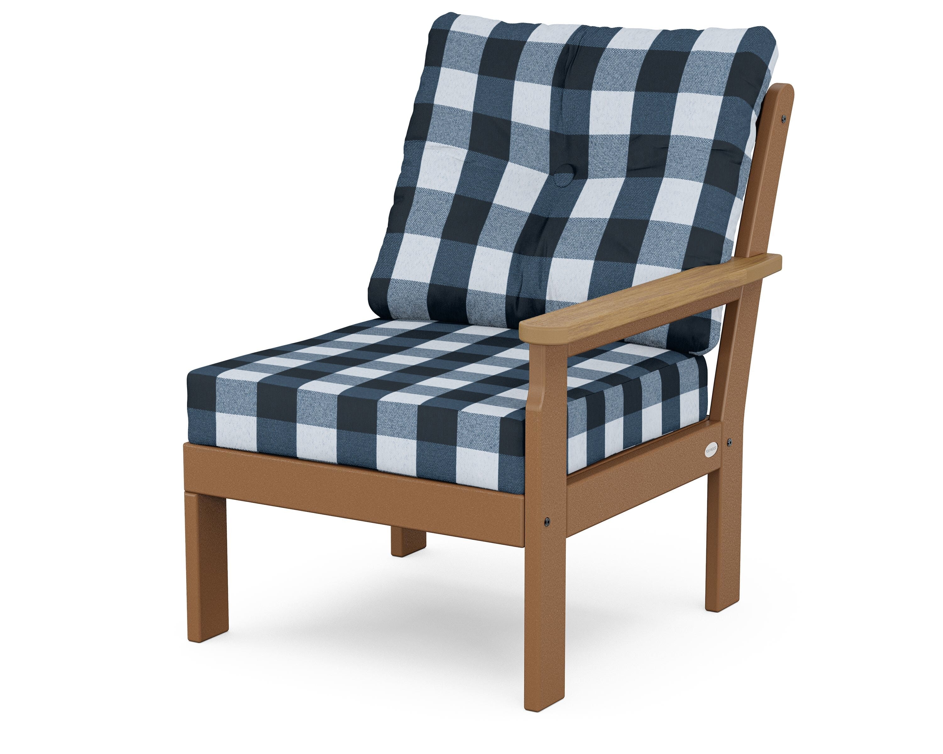 POLYWOOD® Vineyard Modular Right Arm Chair in Teak / Natural / Buffalo Plaid Marine Indigo