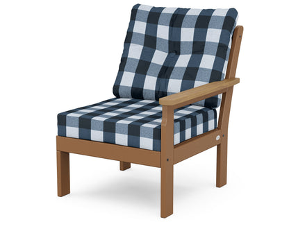 POLYWOOD® Vineyard Modular Right Arm Chair in Teak / Natural / Buffalo Plaid Marine Indigo