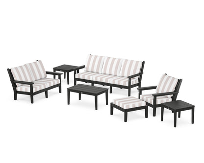 POLYWOOD® Chippendale 7-Piece Deep Seating Set in Black / Cabana Stripe Dune Burlap