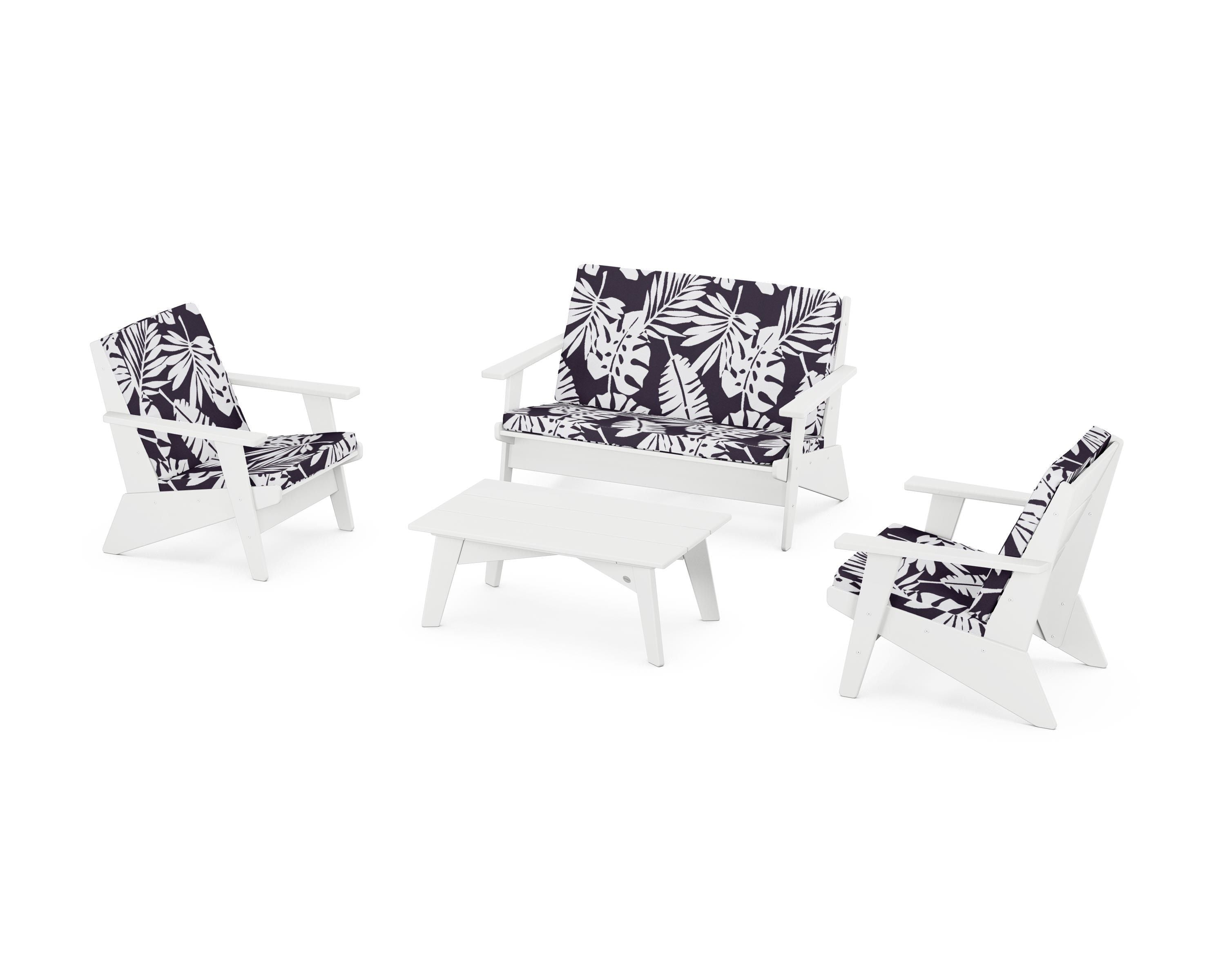POLYWOOD® Riviera Modern Lounge 4-Piece Set in White / Leaf Navy