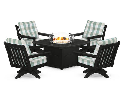 POLYWOOD® Vineyard 5-Piece Deep Seating Swivel Conversation Set with Fire Pit Table in Black / Buffalo Plaid Glacier Spa