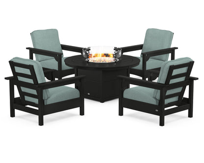 POLYWOOD® Club 5-Piece Conversation Set with Fire Pit Table in Black / Glacier Spa