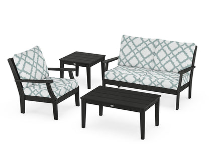 POLYWOOD® Braxton 4-Piece Deep Seating Set in Black / Trellis Glacier Spa