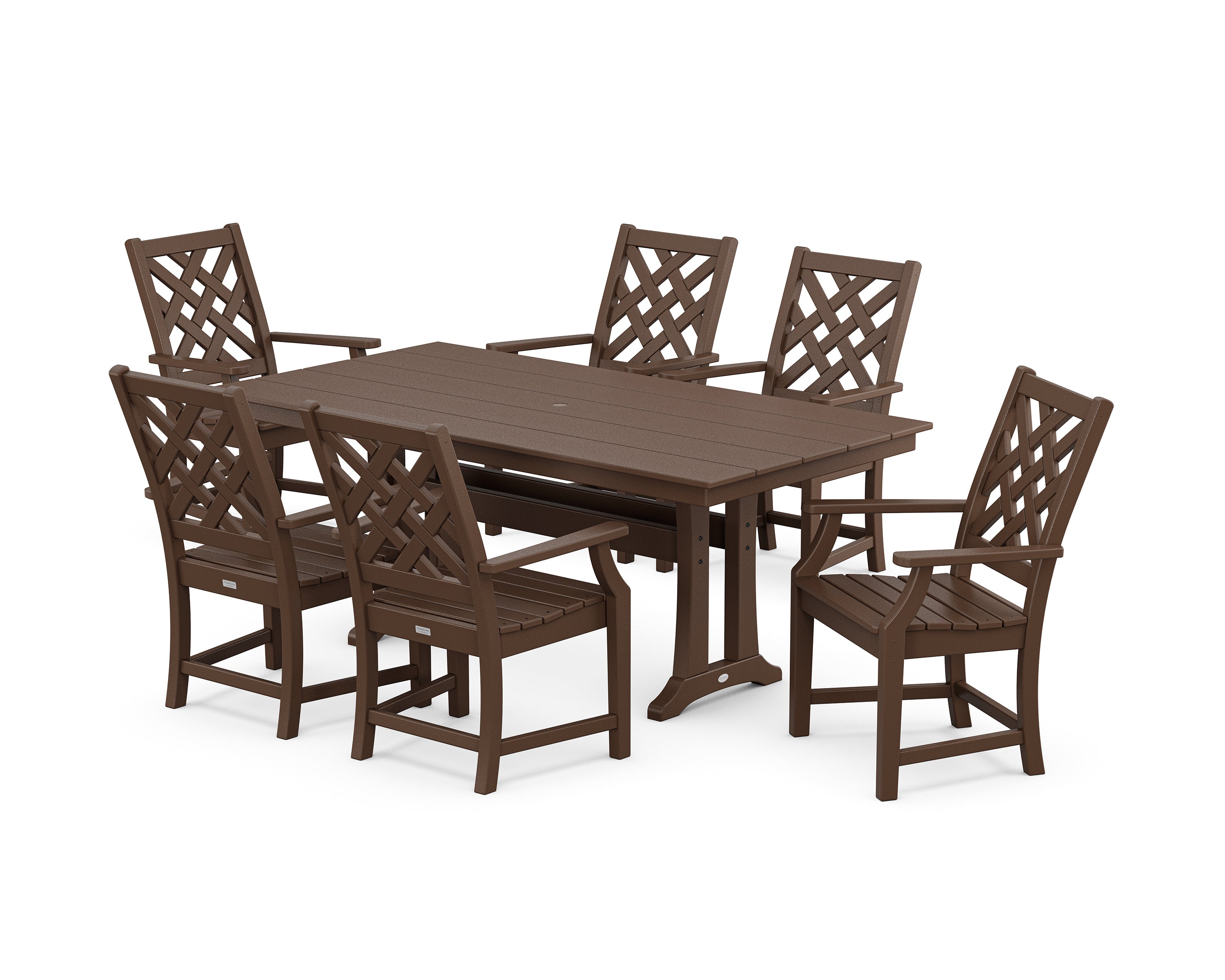 POLYWOOD® Wovendale Arm Chair 7-Piece Farmhouse Dining Set with Trestle Legs in Mahogany