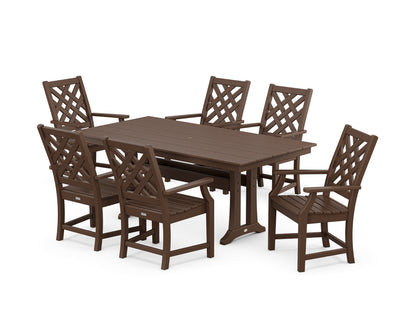 POLYWOOD® Wovendale Arm Chair 7-Piece Farmhouse Dining Set with Trestle Legs in Mahogany