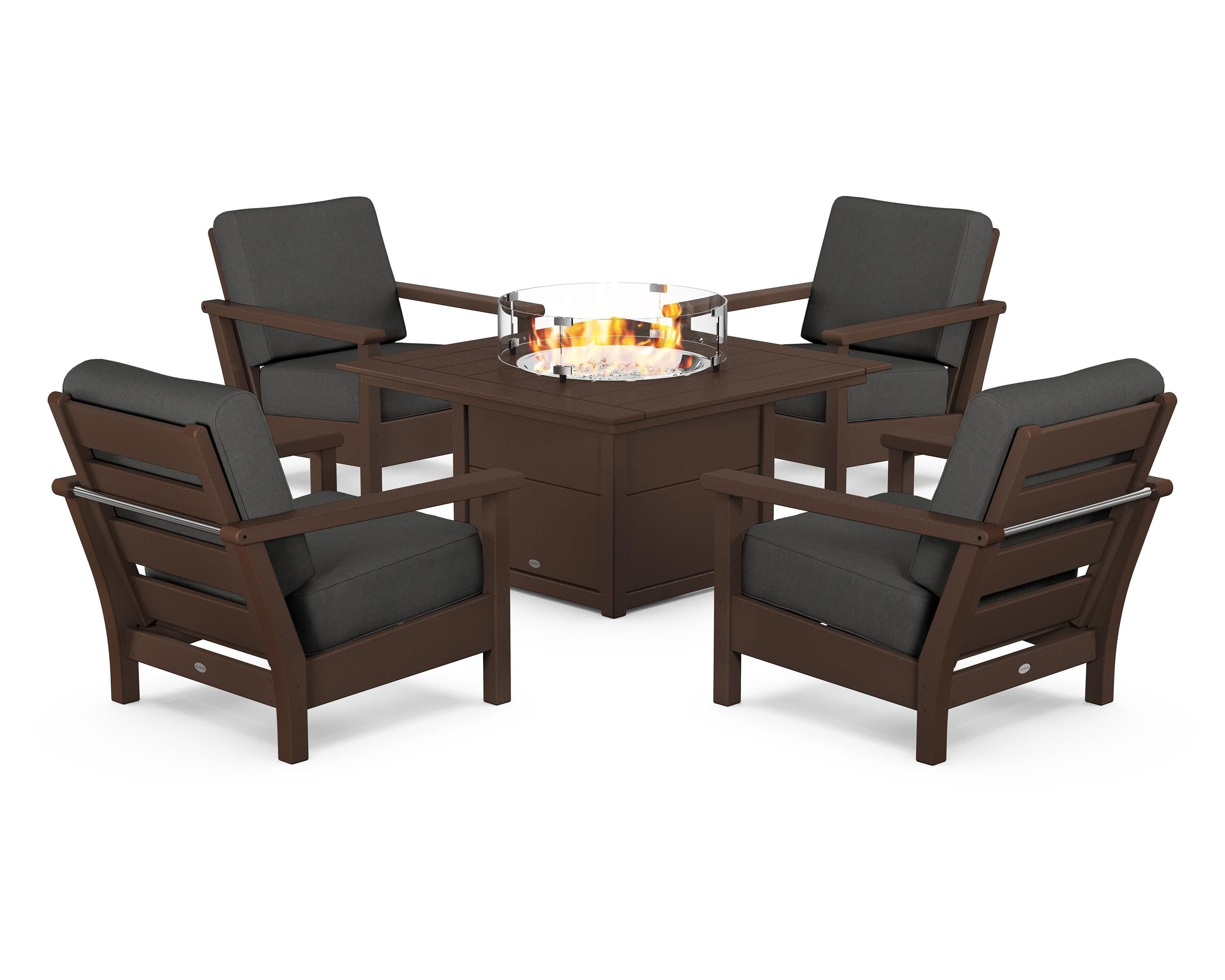 POLYWOOD® Harbour 5-Piece Conversation Set with Fire Pit Table in Mahogany / Spectrum Carbon
