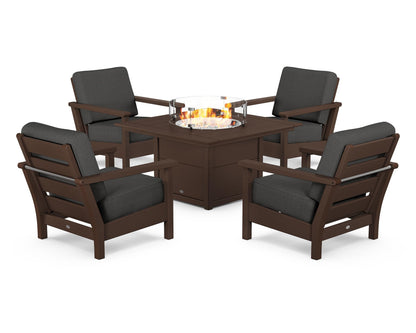 POLYWOOD® Harbour 5-Piece Conversation Set with Fire Pit Table in Mahogany / Spectrum Carbon