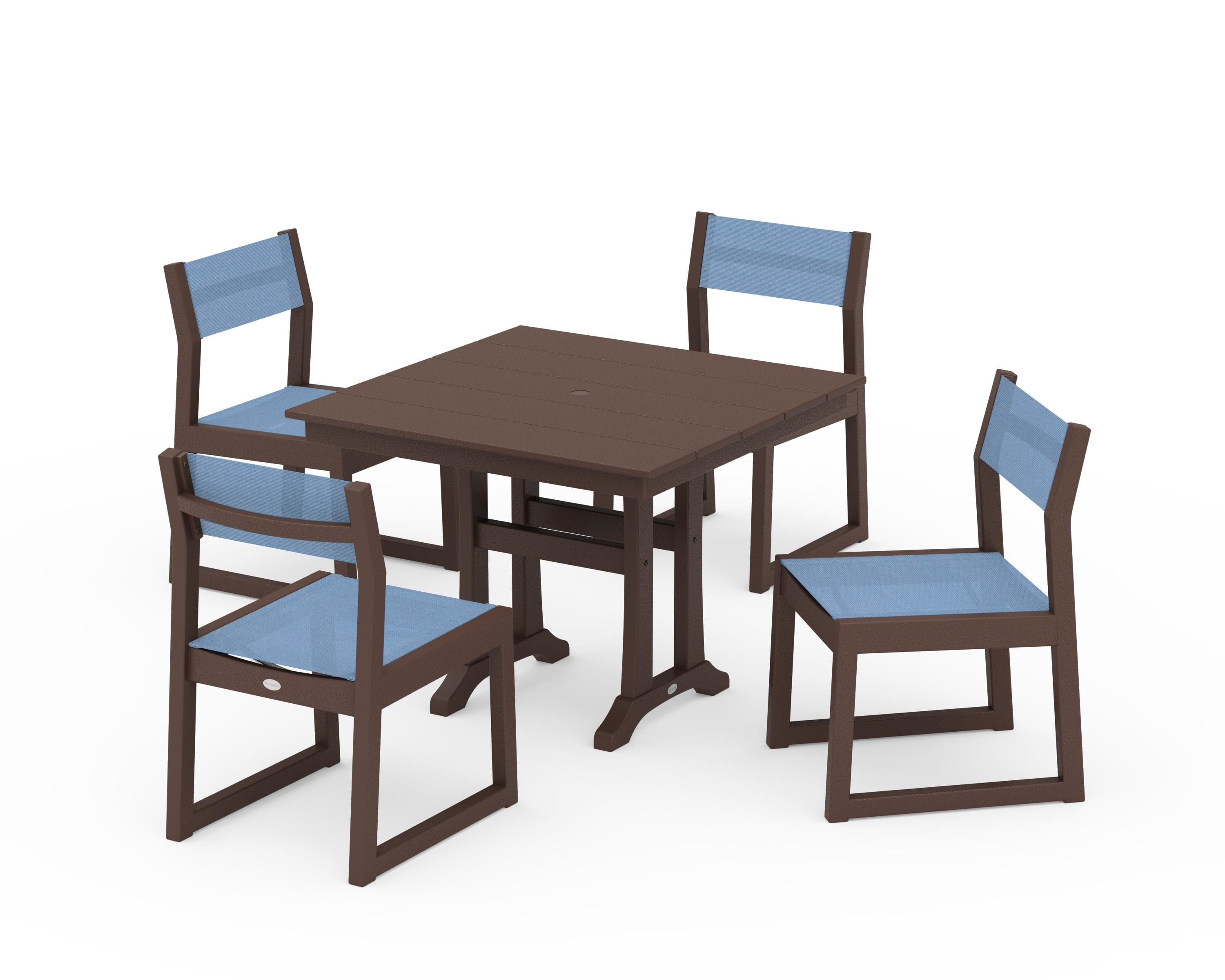 POLYWOOD® EDGE Sling 5-Piece Farmhouse Trestle Side Chair Dining Set in Mahogany / Poolside Sling