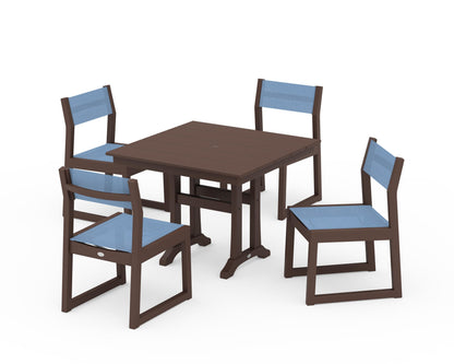 POLYWOOD® EDGE Sling 5-Piece Farmhouse Trestle Side Chair Dining Set in Mahogany / Poolside Sling