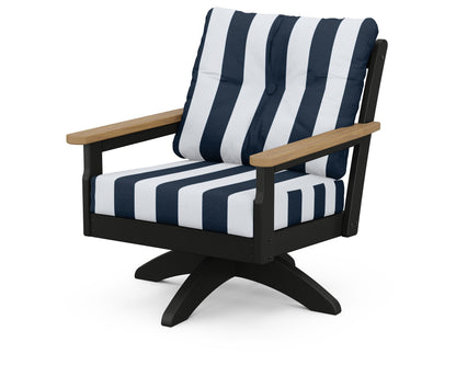 POLYWOOD® Vineyard Deep Seating Swivel Chair in Black / Natural / Cabana Stripe Marine Indigo